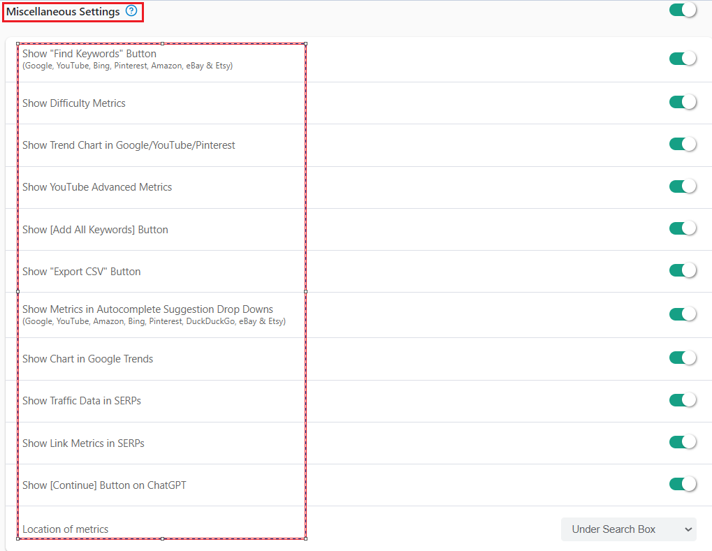 Keywords Everywhere Miscellaneous Settings