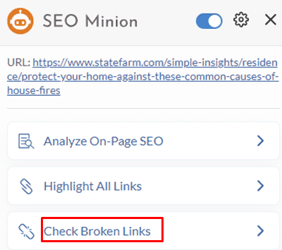 Check broken links option in SEO Minion