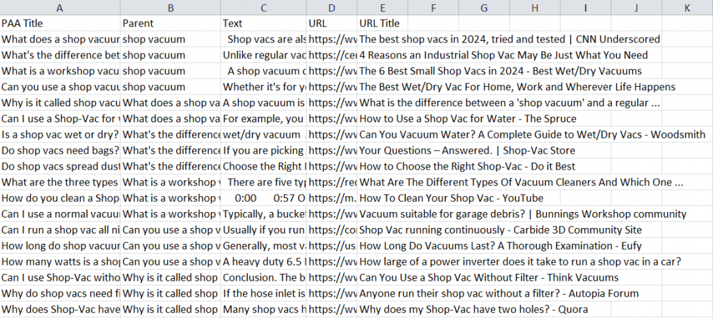 PAA scraping results 