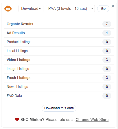 SEO Minion SERP stats widget 