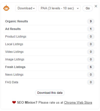 SEO Minion SERP stats widget