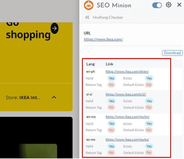 SEO Minion hreflang tags results