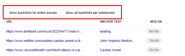 Show backlinks per subdomain and entire domain 