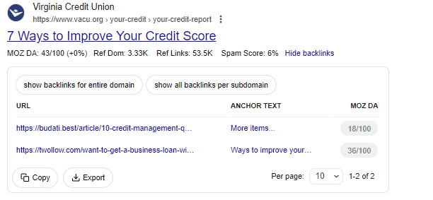 Virginia Credit Union backlinks