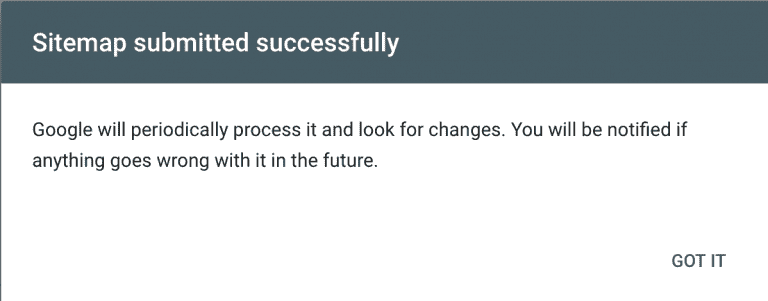 Confirmation message for sitemap submission