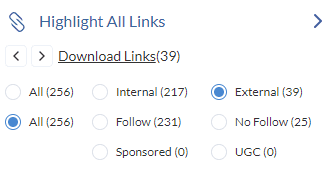 Links shown in SEO Minion 