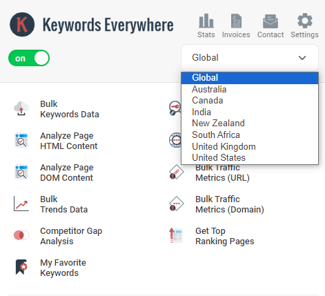 Location options in Keywords Everywhere 