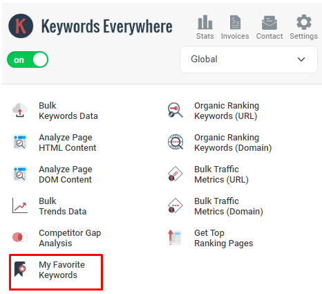 My Favorite Keywords tab 