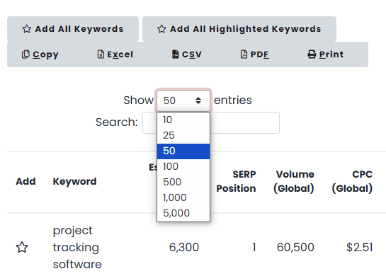 Number of entries per page 