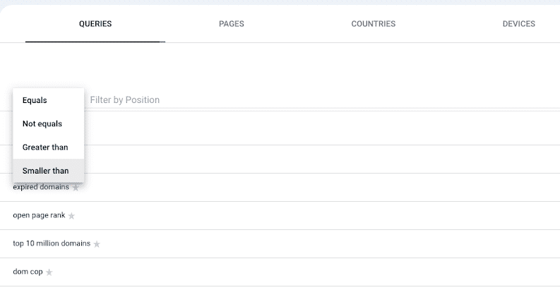 Smaller than filter in Google Search Console 