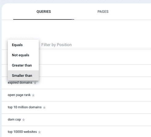 Smaller than filter in Google Search Console 