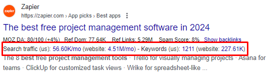 Website option under the search result