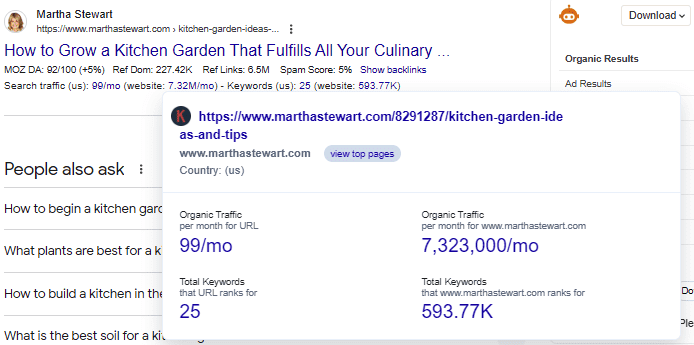 Monthly search traffic in Keywords Everywhere 