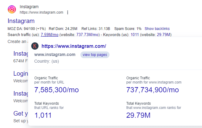 Instagram's web visitors and ranking keywords by Keywords Everywhere