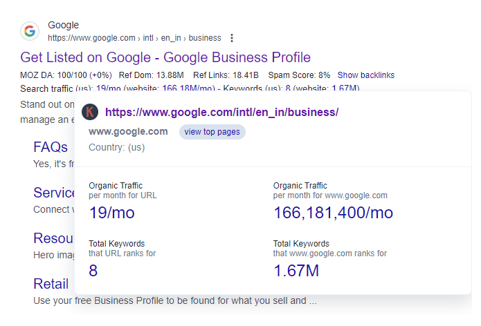 Keywords Everywhere data for Google Business Profile