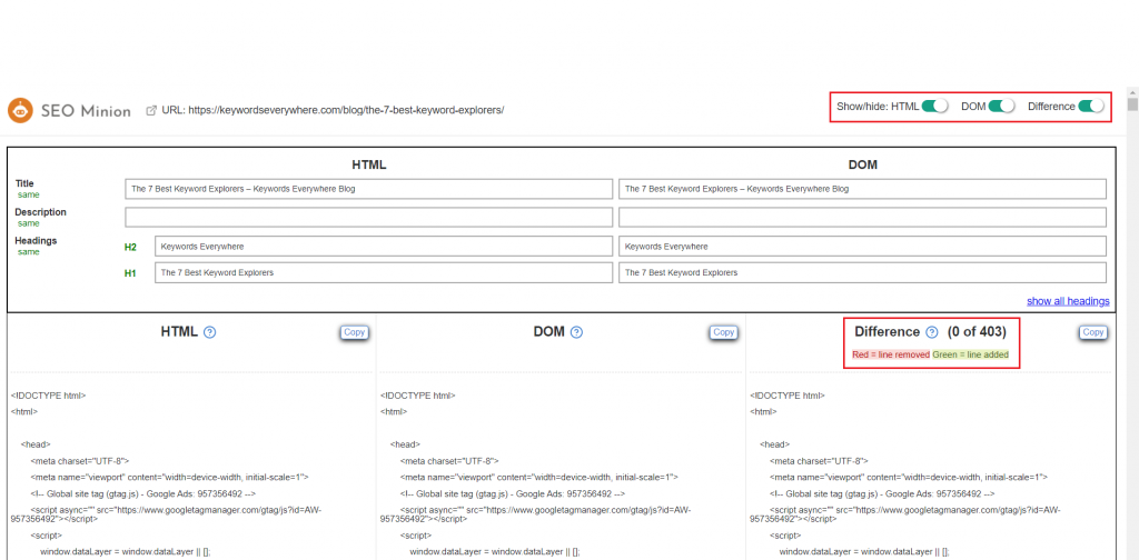 HTML vs DOM seo minion