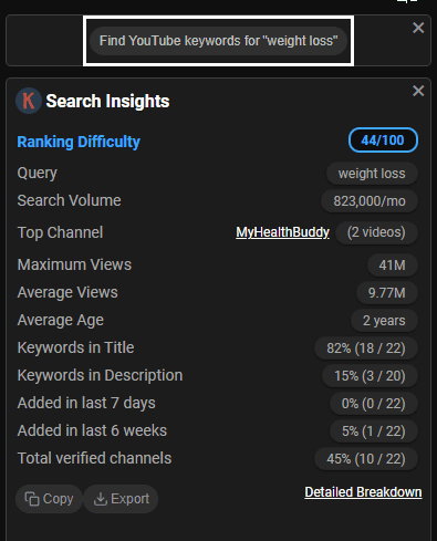 Finding YouTube keywords with Keywords Everywhere