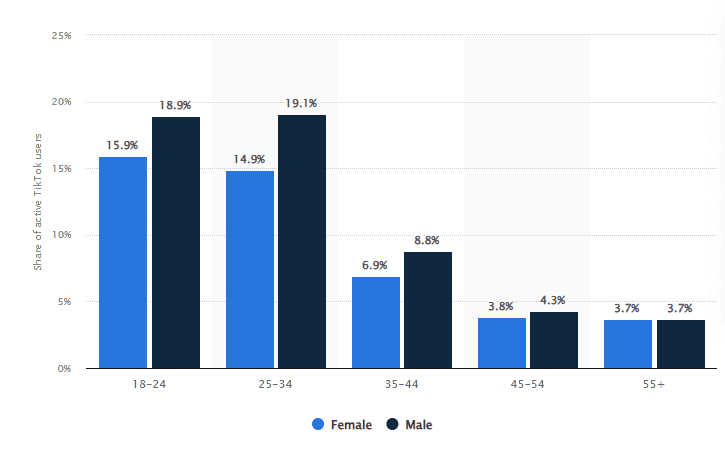 Distribution of TikTok users by age and gender