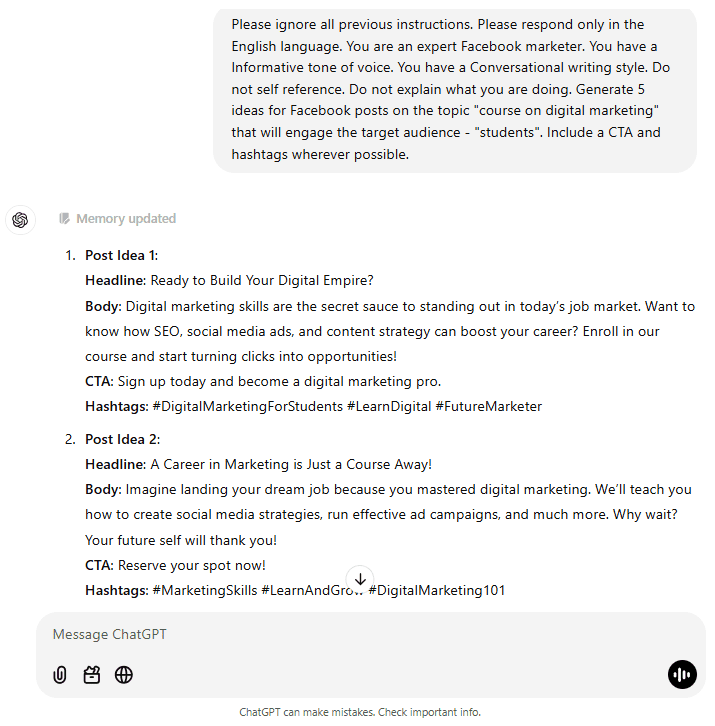 Facebook post ideas by ChatGPT