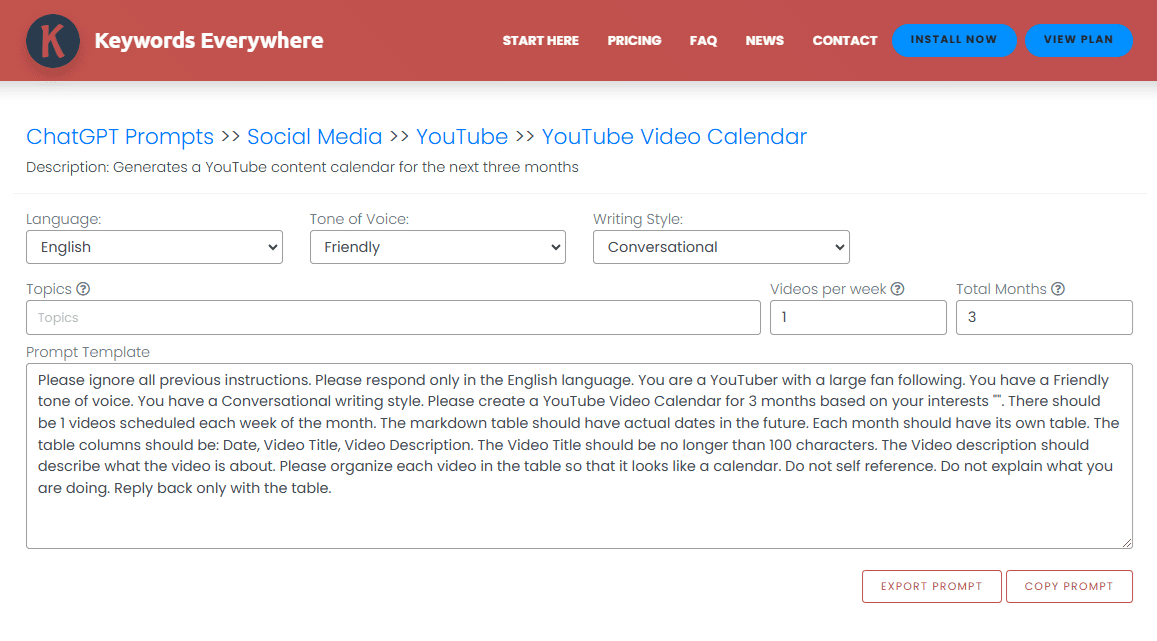 Keywords Everywhere YouTube video calendar prompt