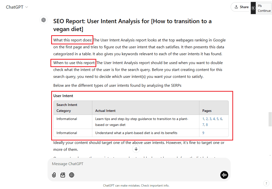 SEO Report for user intent analysis