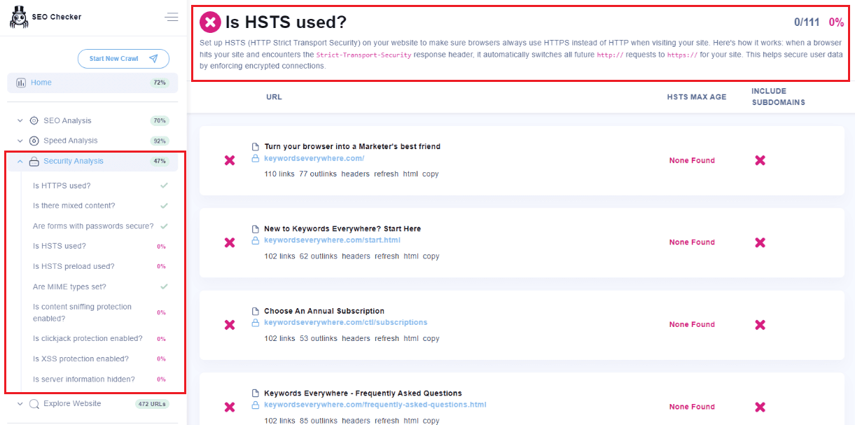 Security analysis with SEO Checker