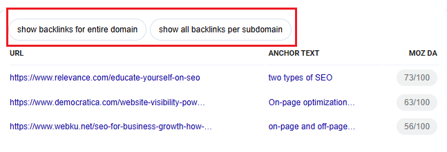 Show backlinks for entire domain or subdomain