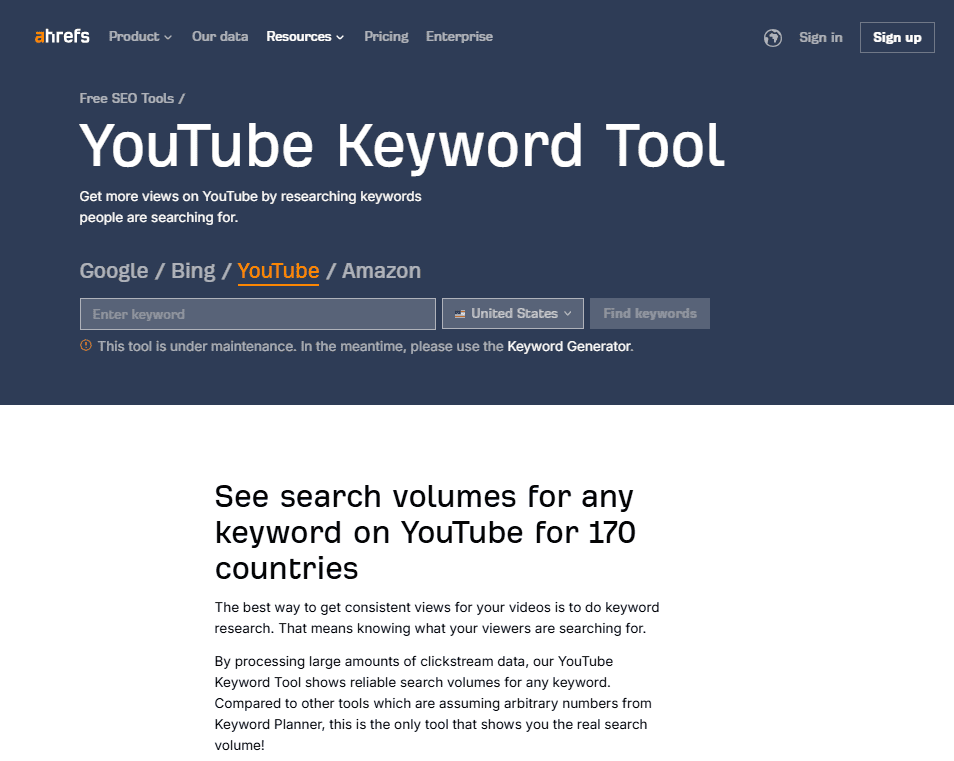 Ahrefs YouTube Keyword Tool