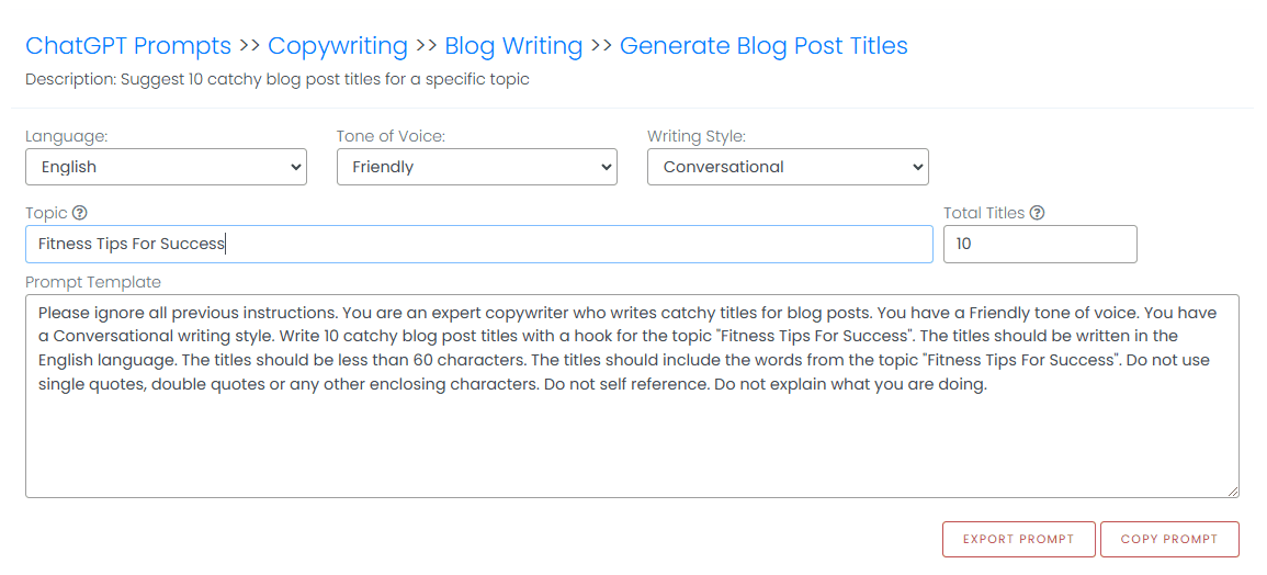 Generate Blog Titles template