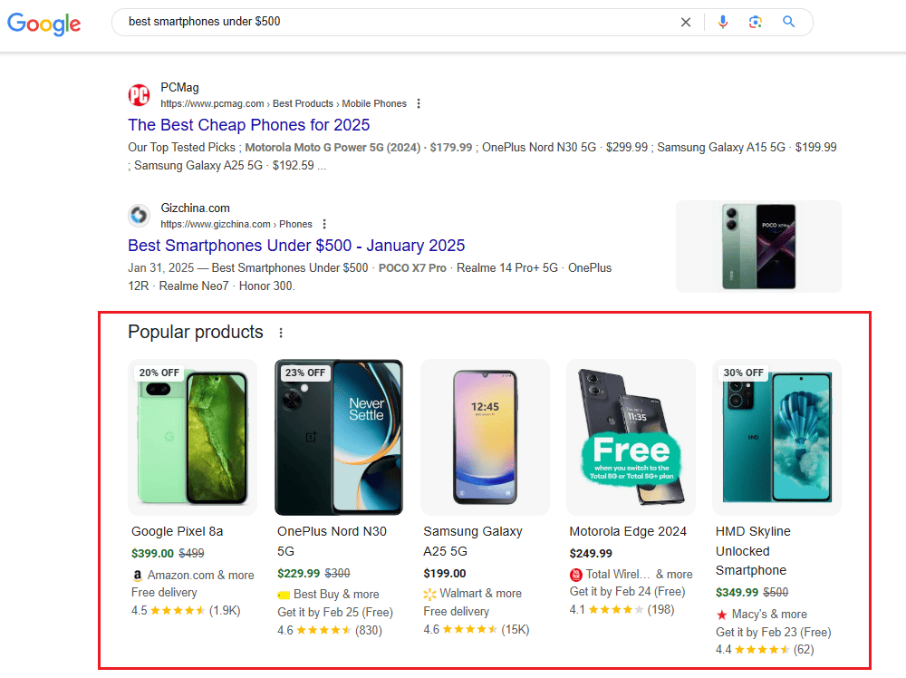 Google results for best smartphones under 0