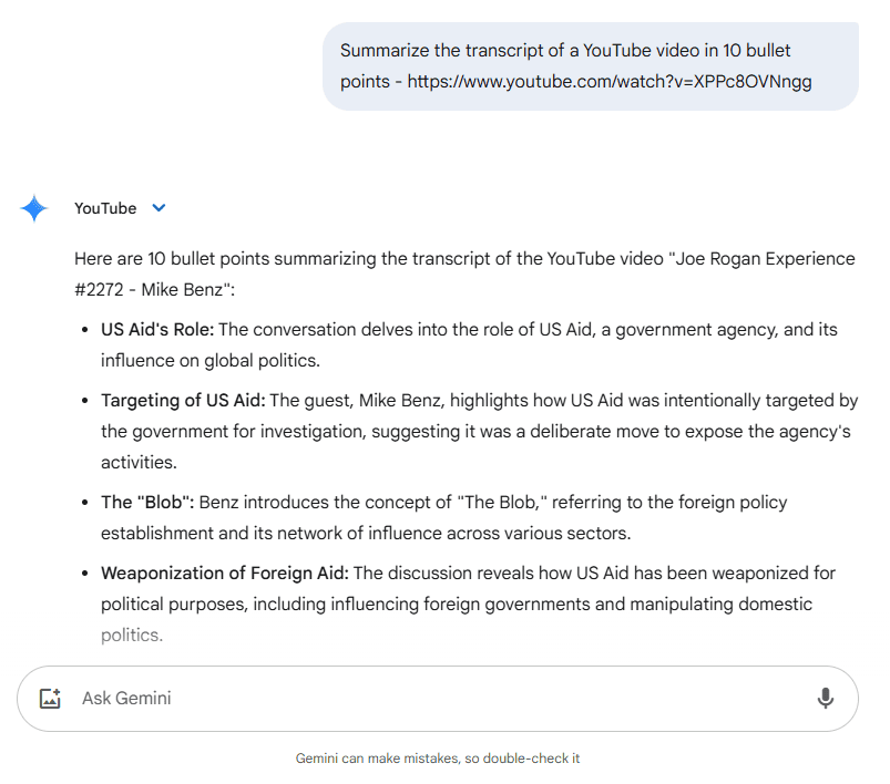 YouTube video summary by Gemini