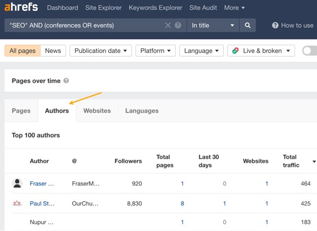 Ahrefs Linking Authors page