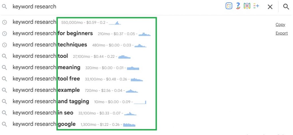 Keywords Everywhere Google Autocomplete Keyword Metrics Overlay