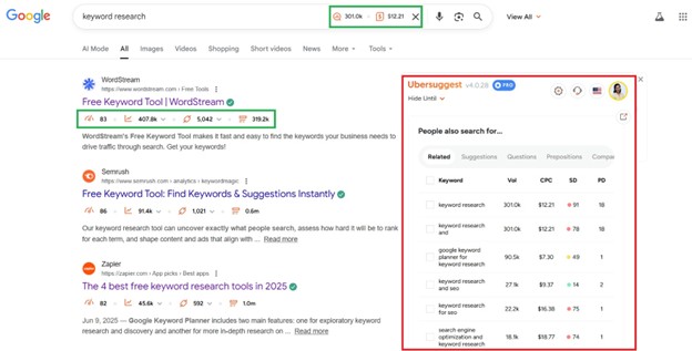 Ubersuggest Browser Extension SERP Overlay