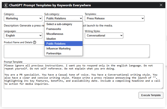 Screenshot of new categories in ChatGPT prompt templates