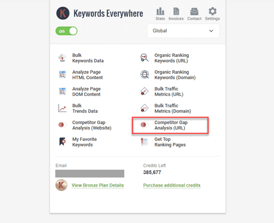 Screenshot of the Popup with link to competitor gap analysis feature