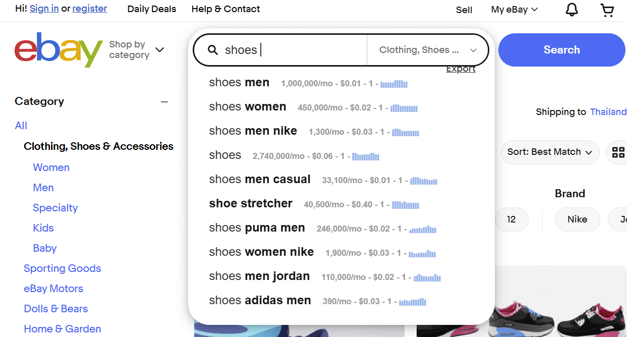 Search volumes in eBay's auto-suggest drop down