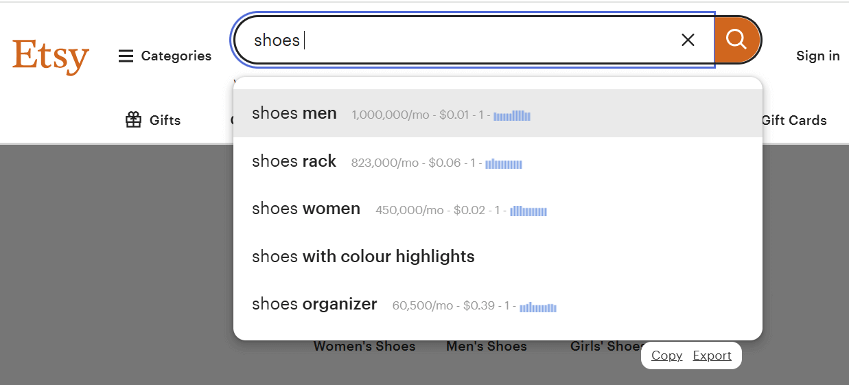 Search volumes in Etsy's auto-suggest drop down