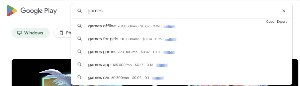 Search volumes in Google Play's auto-suggest drop down