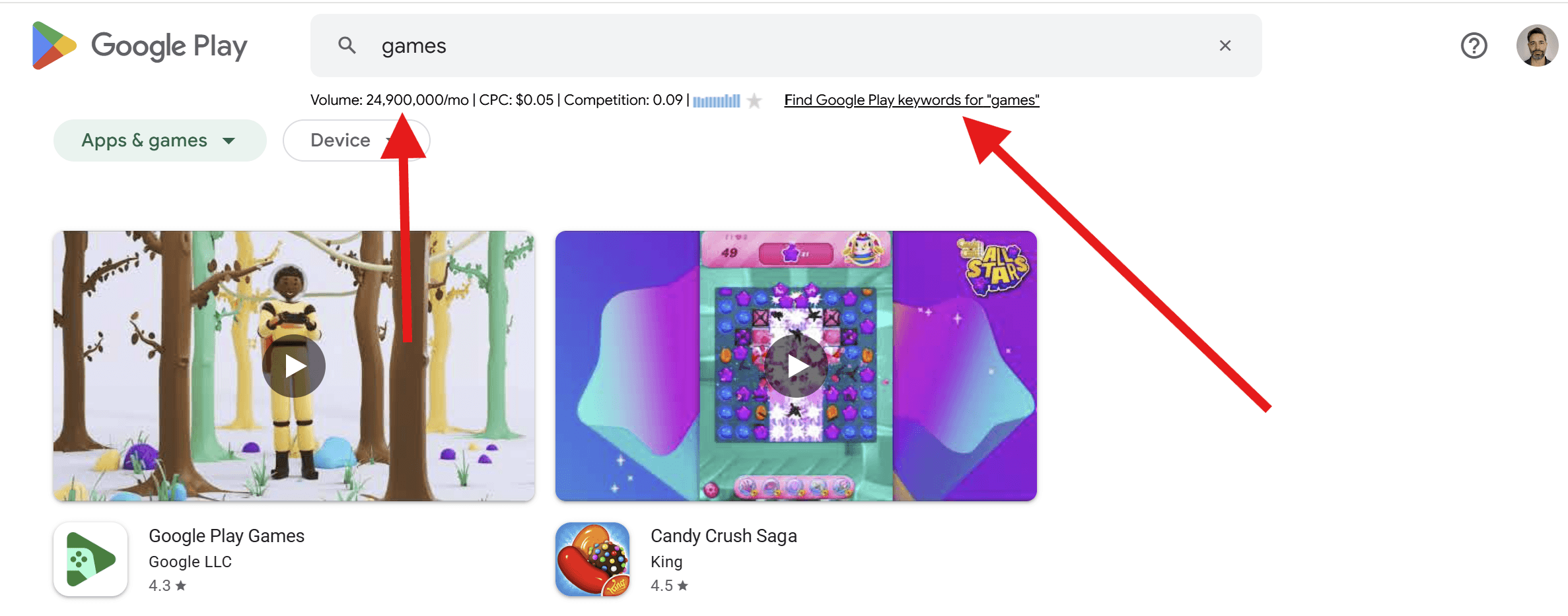 See Search Volume on Google Play