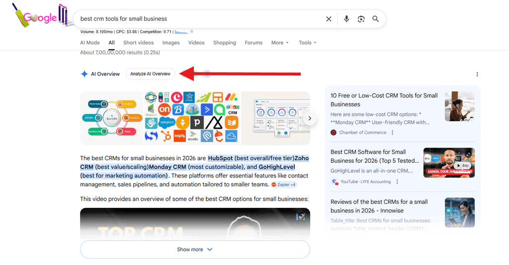 Analyze AI Overview button on Google search results