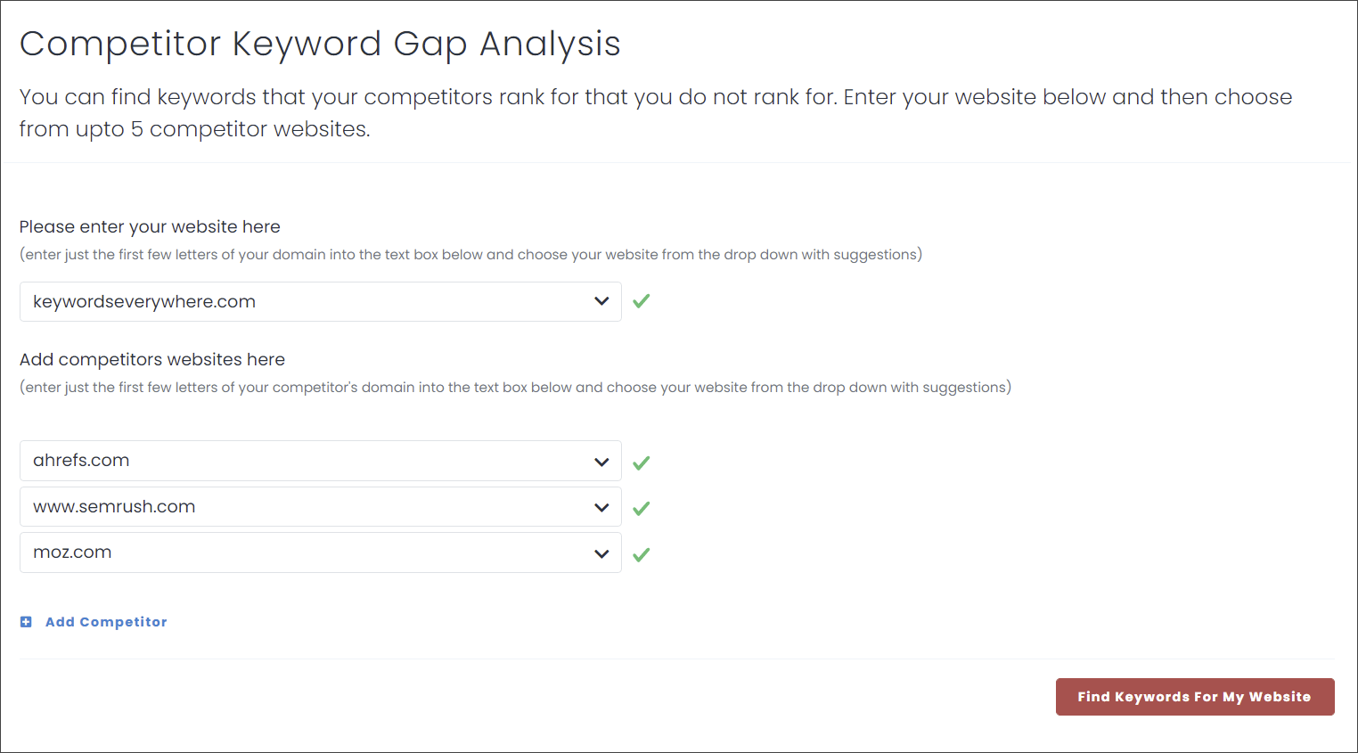 Choose competitors for Keyword Gap Analysis