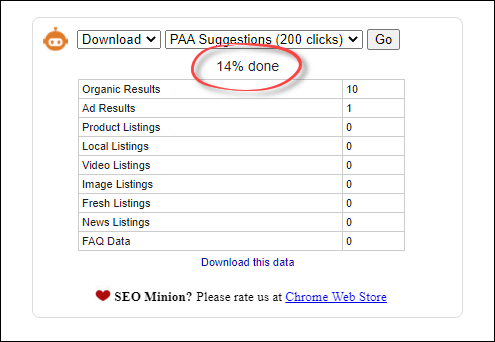 SEO Minion SERP Widget Status